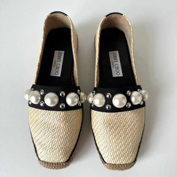 Jimmy Choo Dru Espadrilles Raffia Flats with Pearls in Natural/Black Size 37 - Picture 4 of 16